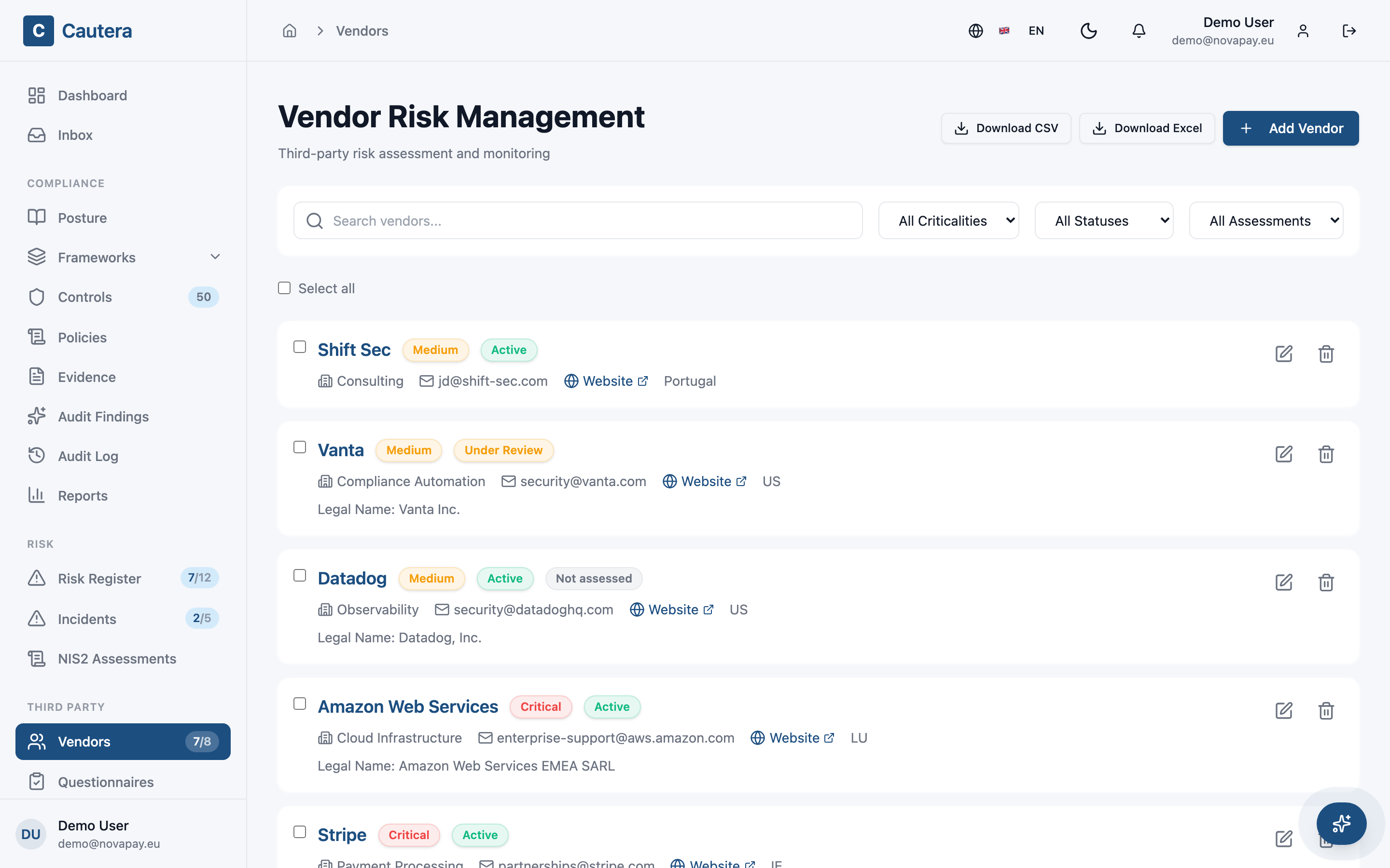 Screenshot — Vendor Risk Management